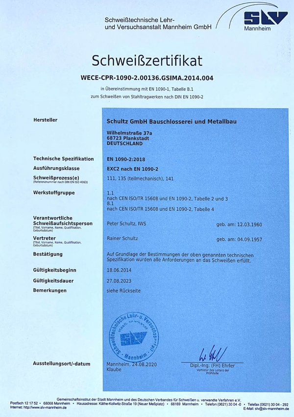 Schultz Zertifikate Schweißzertifikat