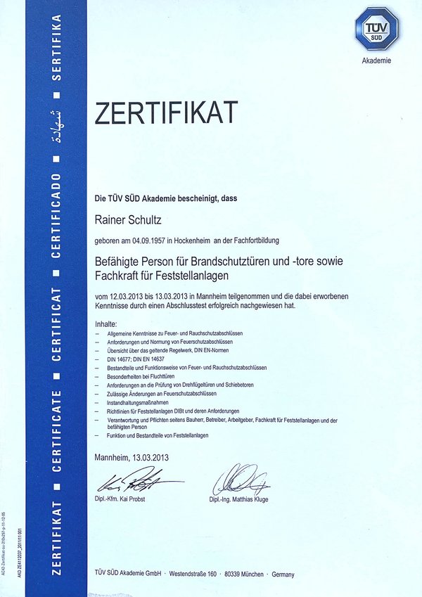 Schultz Zertifikate TÜV